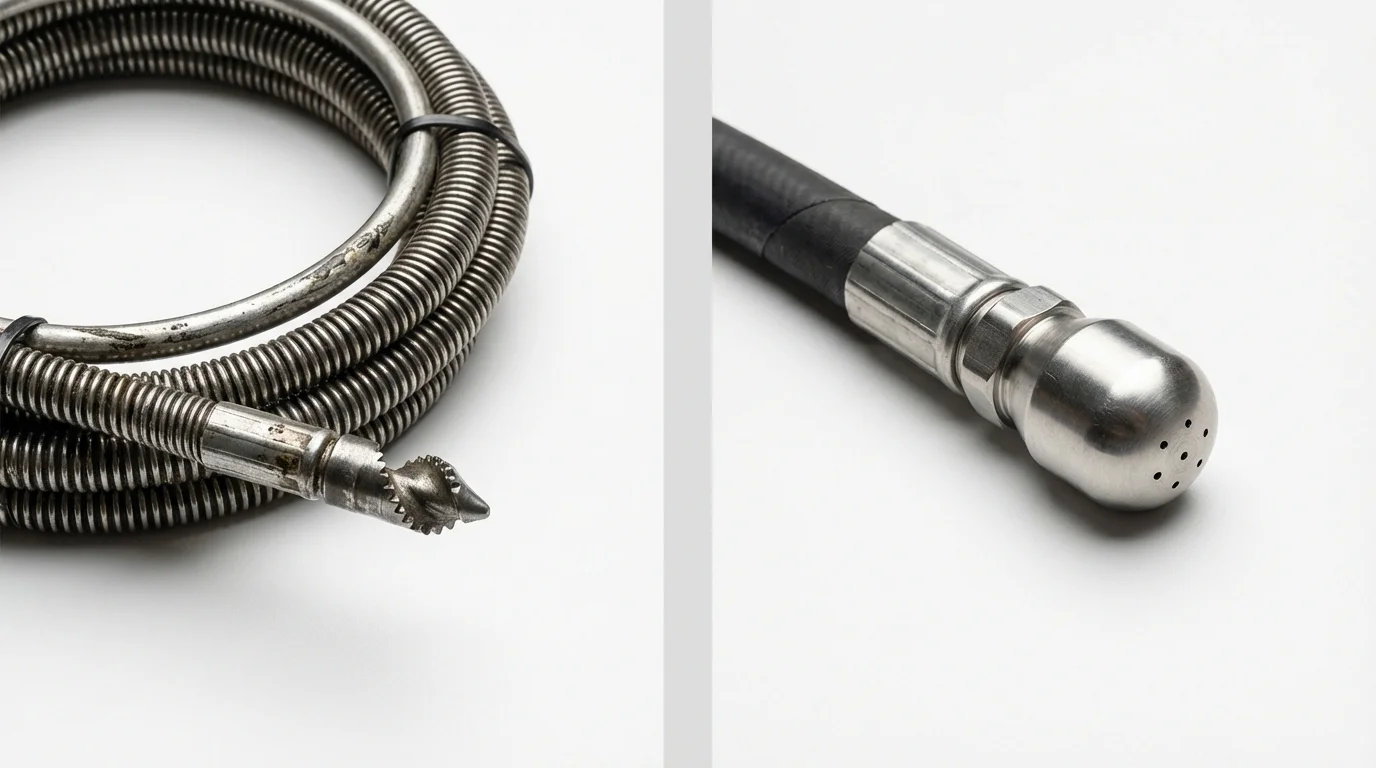 Drain snake cable and hydro jetting nozzle used for drain cleaning in Wheeling, IL