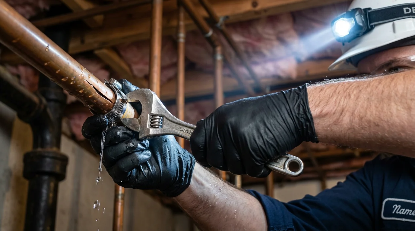 Emergency pipe clamp repair being performed by a Johns Plumbing LLC plumber in Wheeling