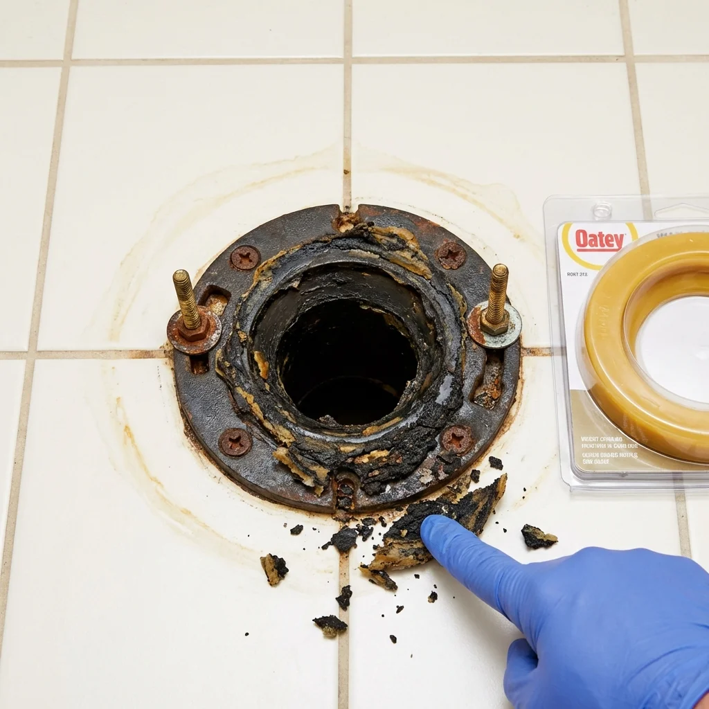 Failed wax ring showing water seepage at the base of a toilet in a Wheeling, IL home