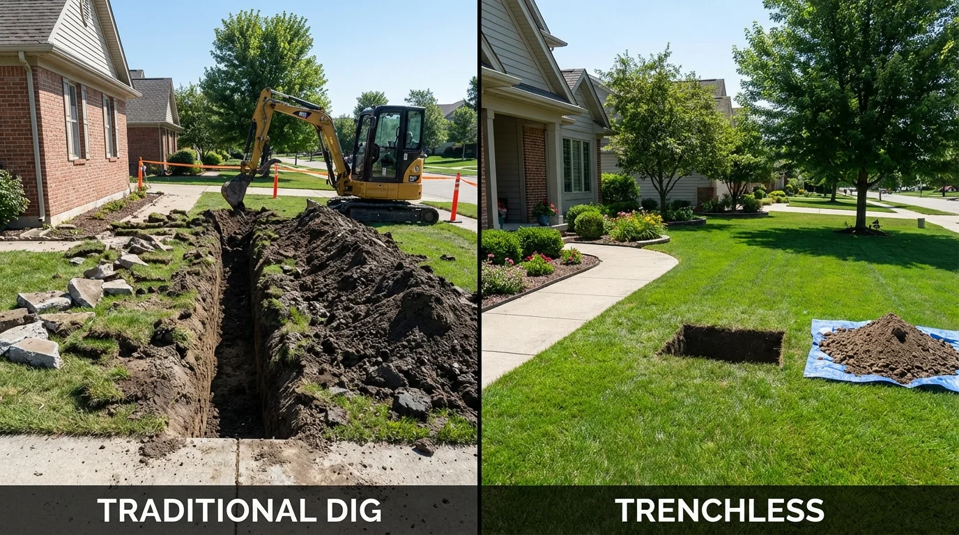 Trenchless sewer repair with minimal yard damage versus traditional excavation in Wheeling, IL