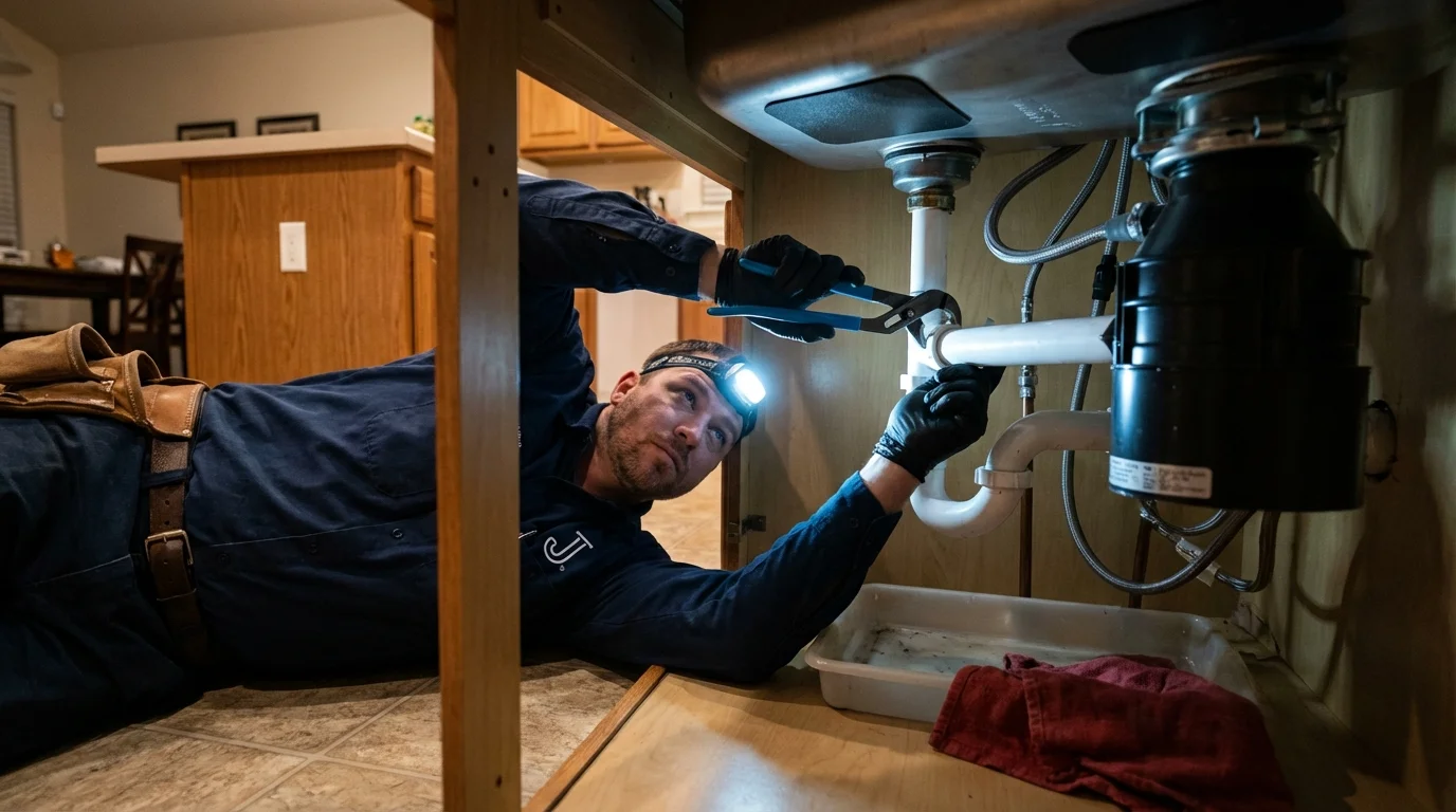P-trap and supply line connections under a kitchen sink showing a common leak point in Wheeling, IL